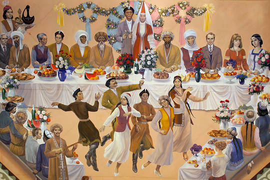 A Kyrgyz wedding scene featuring nationalities from across the Soviet Union.